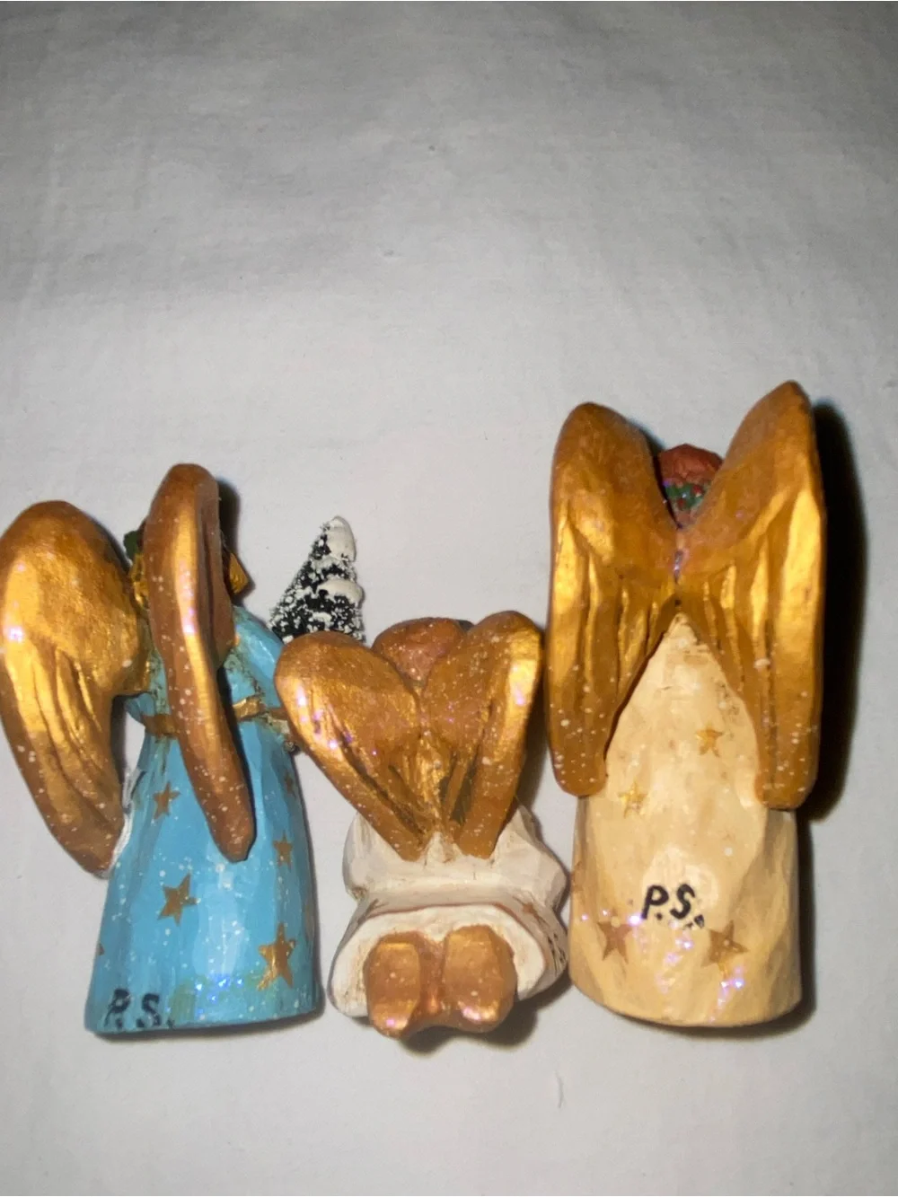 Hand-Painted Holiday Set: 3 Angels; 1 Thimble tree; 1 Santa candle snuffer